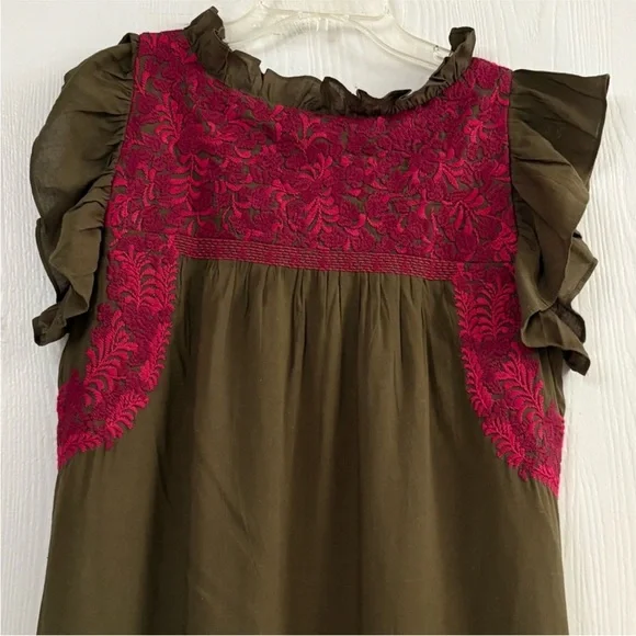 J. Marie Oaxaca Embroidered Floral
Olive Green Pink Ruffle Mini Dress Size M - Picture 5 of 11